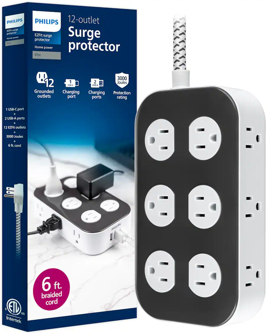 Philips Surge Protector, 12 Outlet, 2 USB A, 1 USB C, 3000J, Braided ...