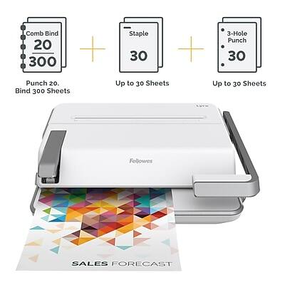 Comb Bind 20 + 300  
Staple 30  
3-Hole Punch 30  

Punch 20  
Bind 300 Sheets  
Up to 30 Sheets  
Up to 30 Sheets  

Fellowes  
SALES FORECAST