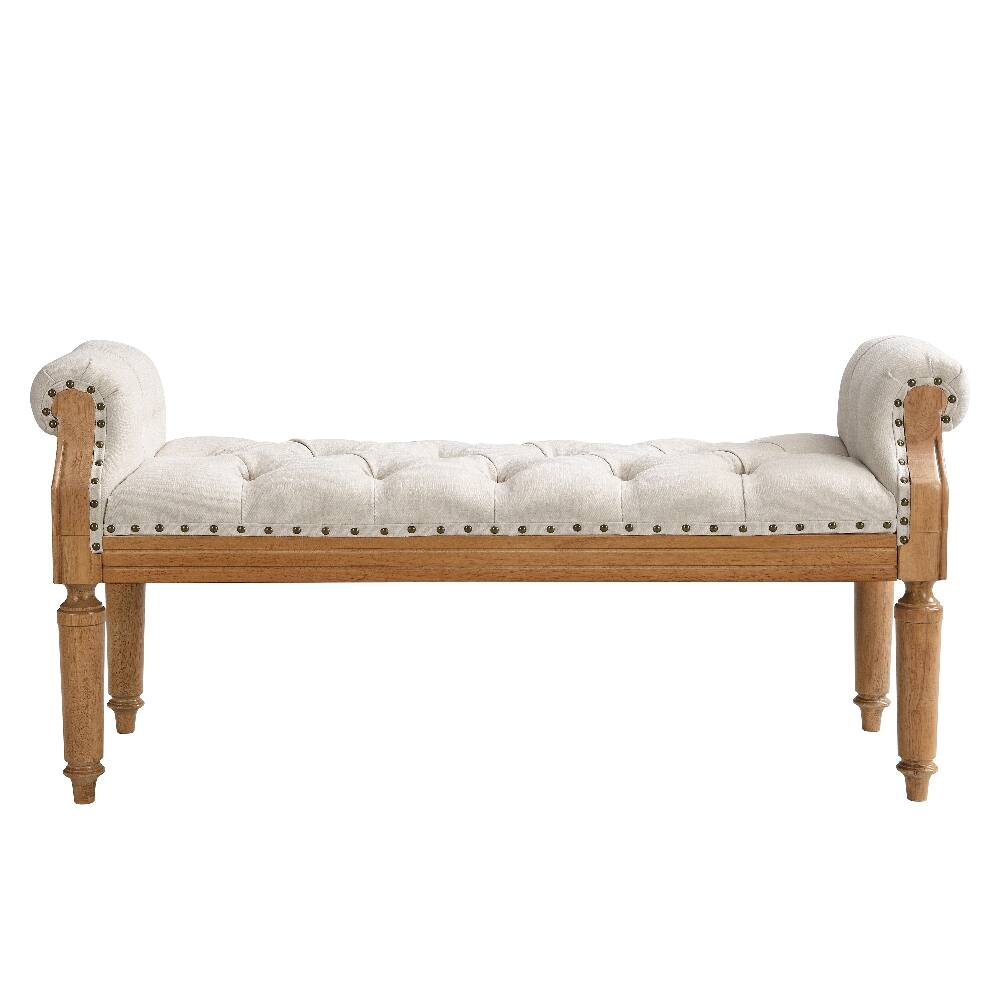 Alt View 4. Ropilly - Ropilly Mid-Century Upholstered Bedroom Bench with Rolled Arms Tufted End of Bed Bench Solid Wood Entryway Ottoman Beige - Beige.