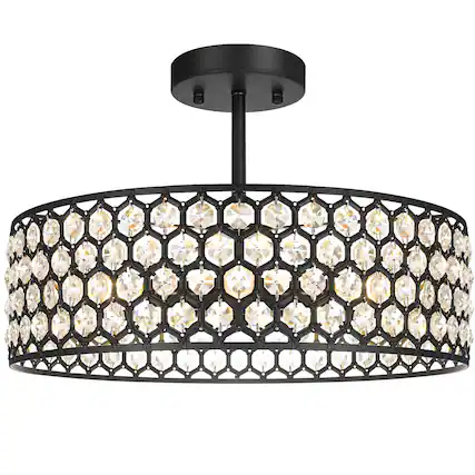 Front. Earthley Blooms - Crystal Ceiling Light Fixture Modern Semi Flush Mount Chandelier Lighting For Hallway Kitchen Foyer Daz - Black 16in A.