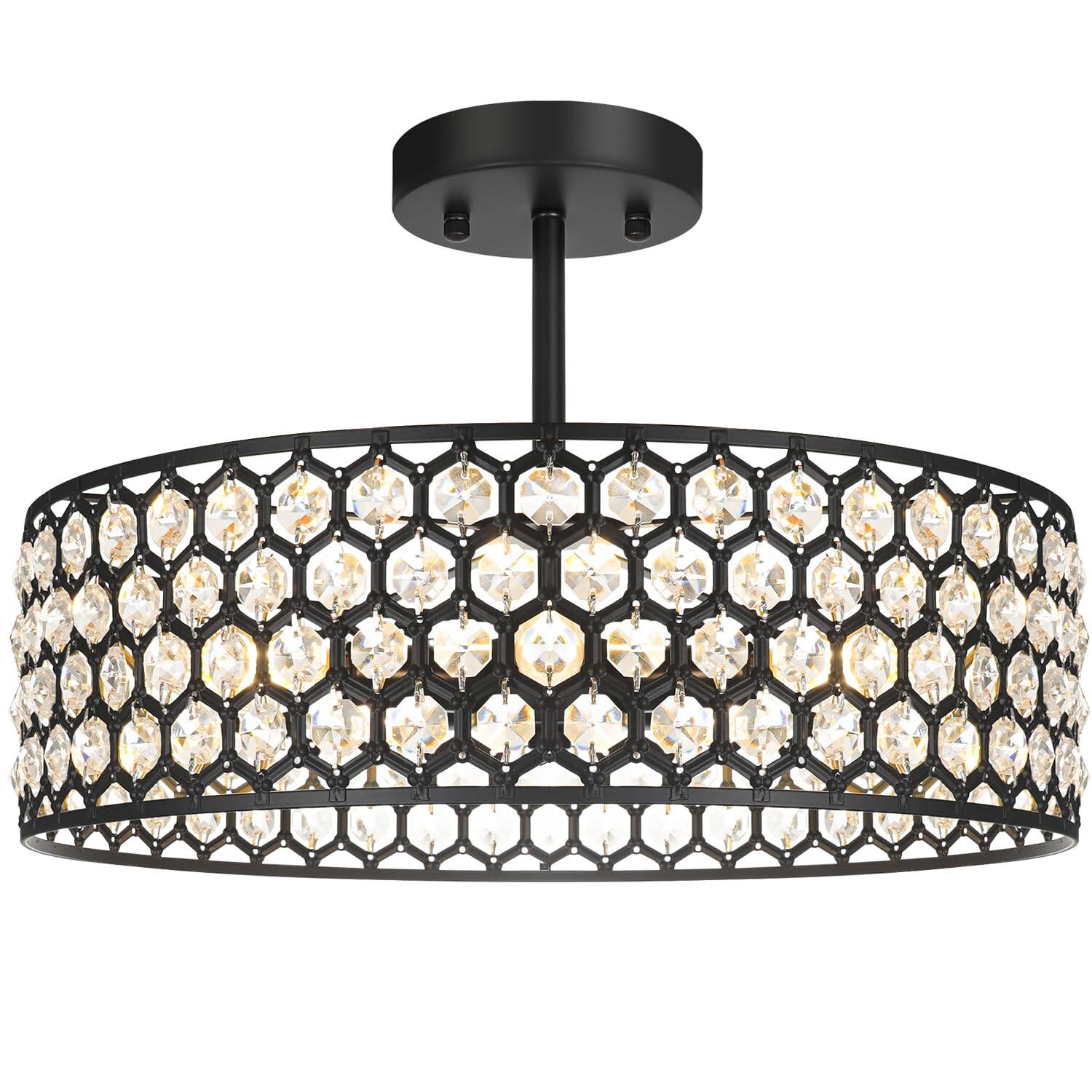 Front. Earthley Blooms - Crystal Ceiling Light Fixture Modern Semi Flush Mount Chandelier Lighting For Hallway Kitchen Foyer Daz - Black 16in A.