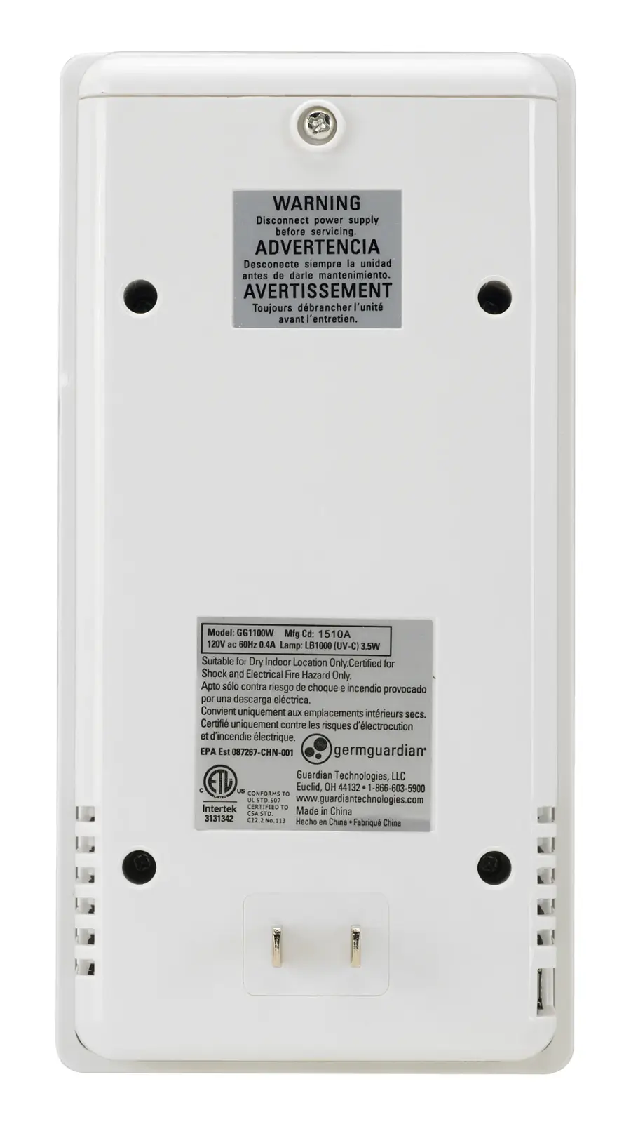 The image features a white box with a warning label on it. The warning label states that the power supply should be disconnected before servicing the unit. The box is labeled with a model number and manufacturing code, and it is suitable for use in dry indoor locations only. The box is also certified for shock and electrical fire hazard protection. The box is made in China and conforms to UL 51D.507 standards. The manufacturer is Guardian Technologies, LLC, and the product can be contacted at 1-866-603-5900.