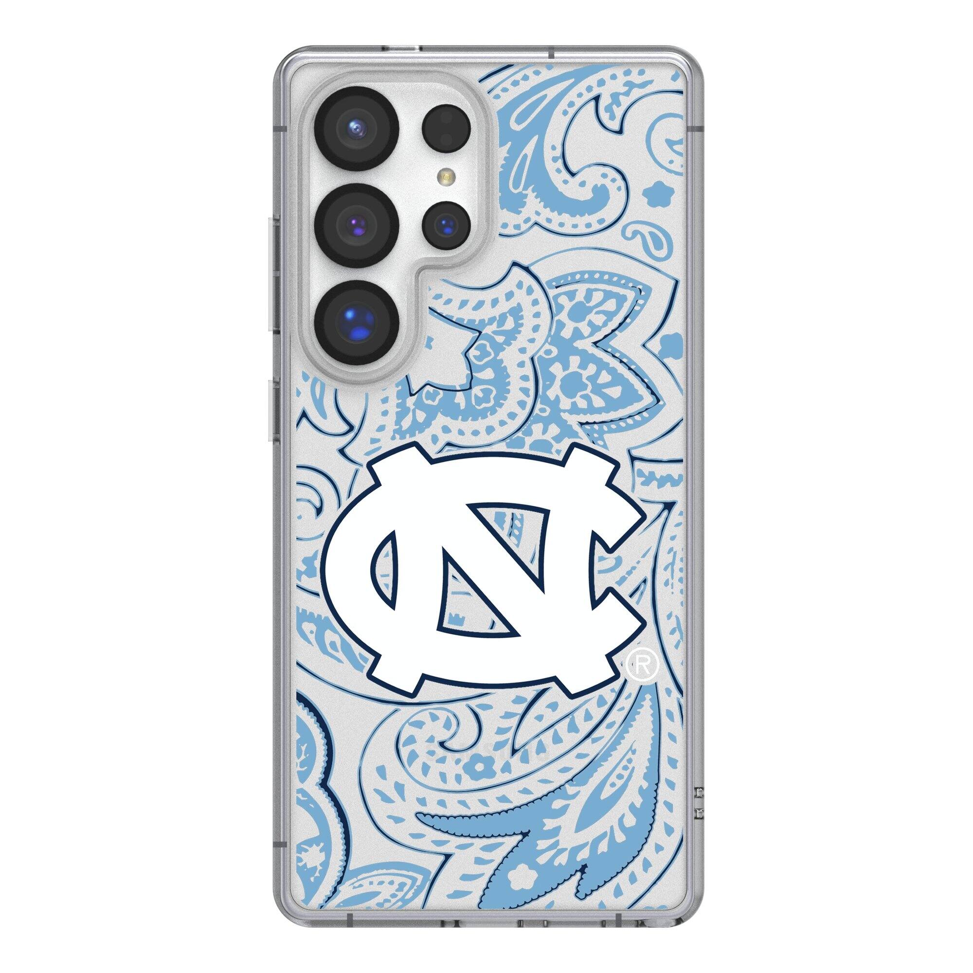 Front. Keyscaper - North Carolina Tar Heels Paisley Galaxy Clear Case - S23 Ultra - Multicolor.