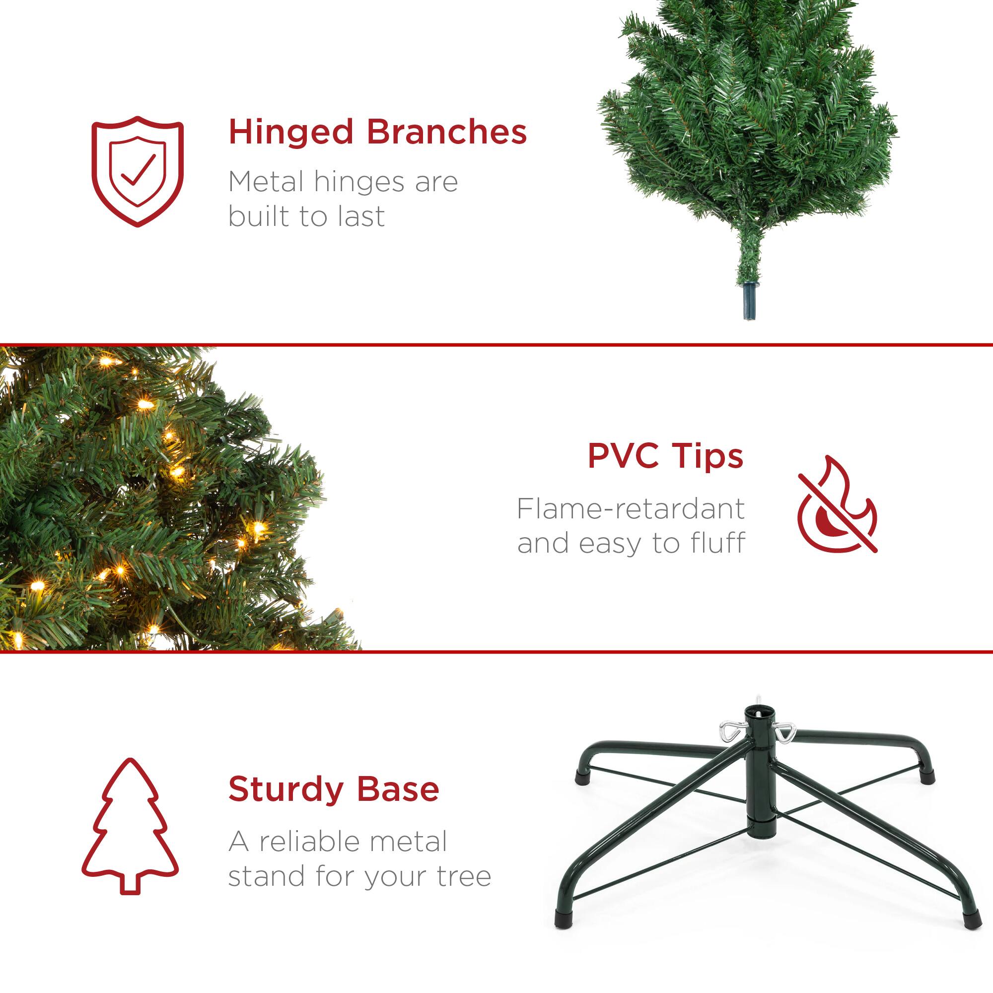 Hinged Branches: Metal hinges are built to last.  
PVC Tips: Flame-retardant and easy to fluff.  
Sturdy Base: A reliable metal stand for your tree.