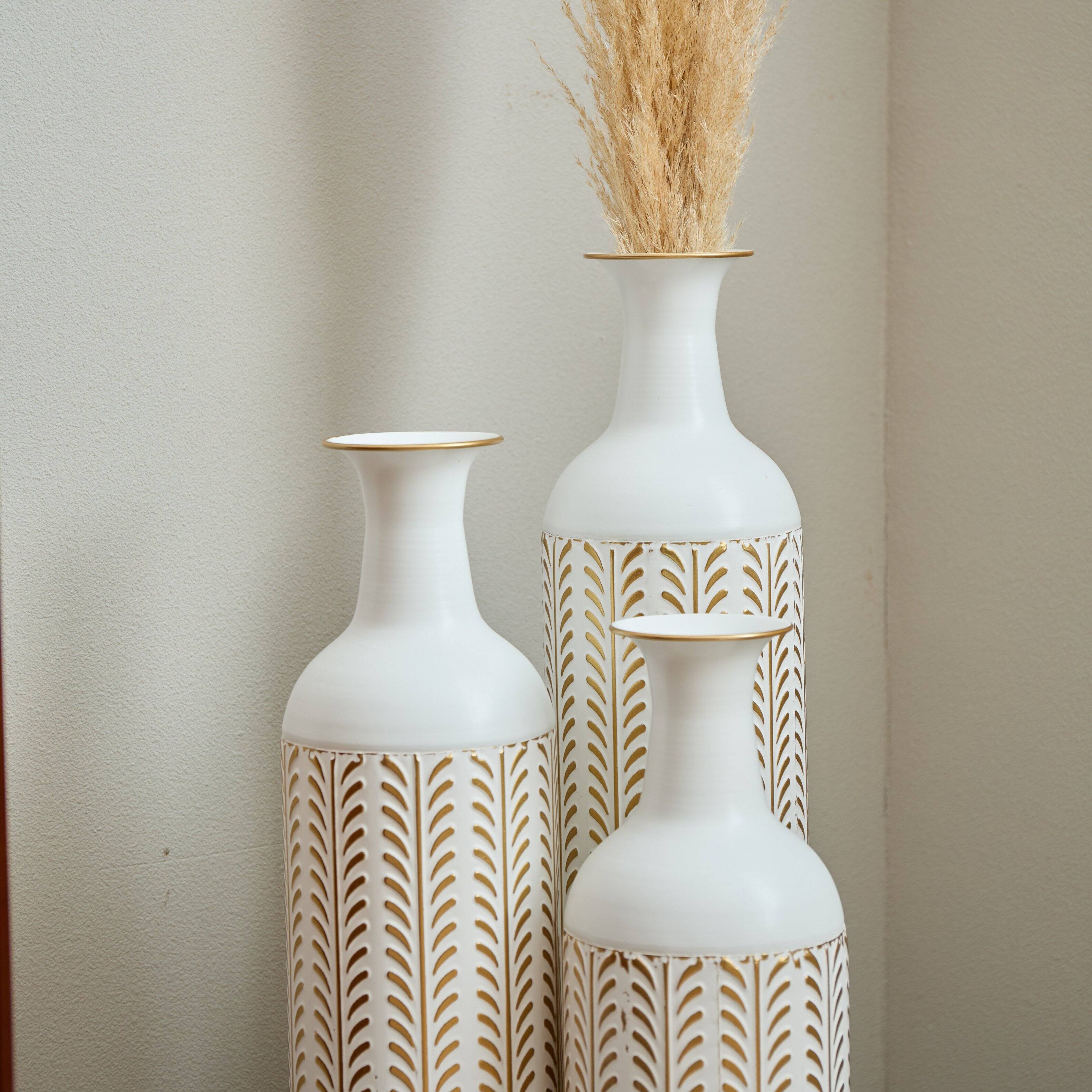 Alt View 2. Anysun - Modern White Metal Floor Vase 3-Piece Set - Glazed Finish for Home Decoration, Large Sizes - White.