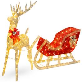 Best Choice Products - XL Lighted Christmas 5ft Reindeer & Sleigh Holiday Outdoor Decor Set w/265 LED Lights - Gold - Gold - Extra Large
