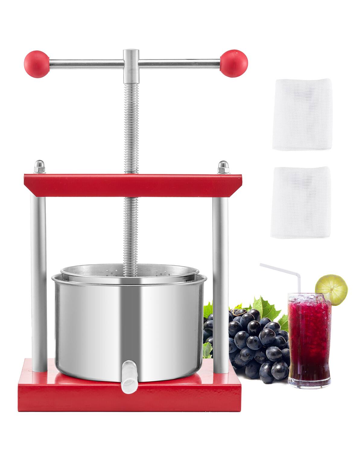Front. VEVOR - 0.8 Gal/3L Fruit Wine Press, 2 Stainless Steel Barrels, Manual Juice Maker, Cider Apple Grape Tincture Honey Olive Oil - Red.