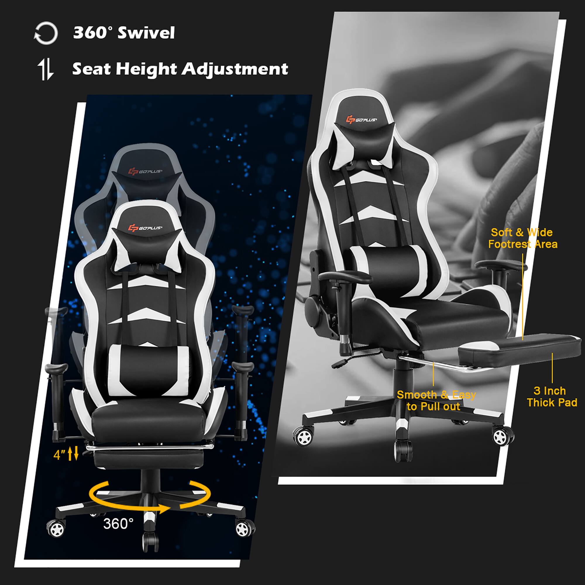 360 Swivel Seat Height Adjustment 1. Seat Height Adjustment 2. Pull out Footrest Area 3. Smooth & Easy to Pull out 4. 3 Inch Thick Pad 4th 360