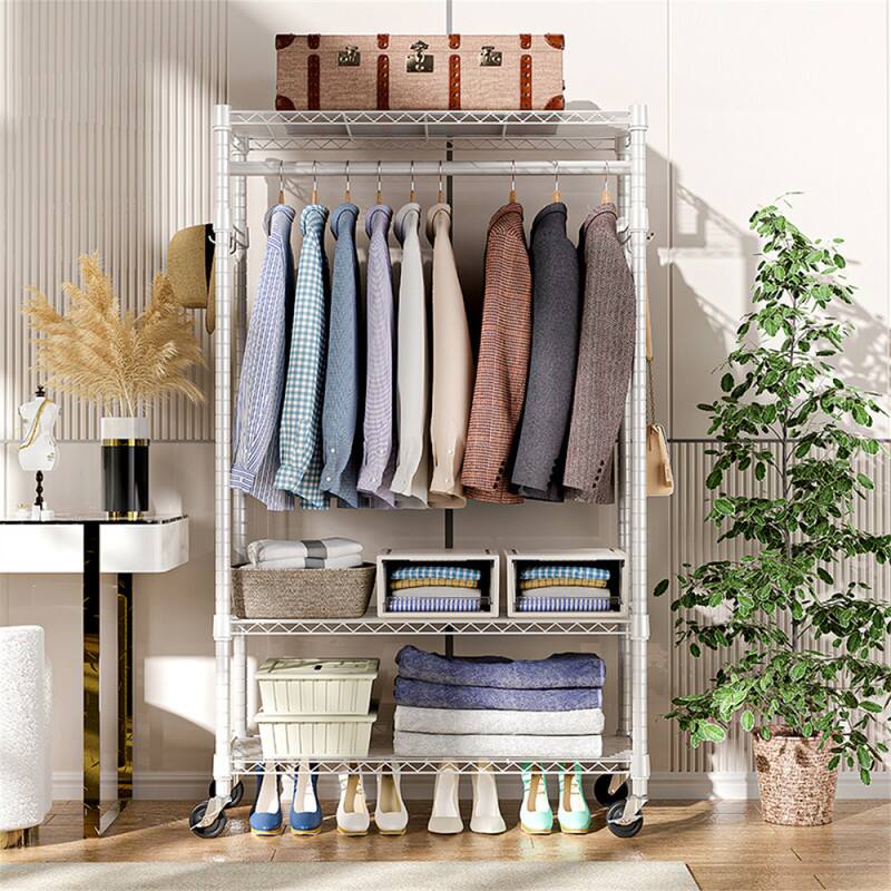 Back. ALEXOUN - 3 Tiers Heavy Duty Rolling Garment Rack -15.7" x 29.5" x 74.5",Adjustable Wire Shelving, Rack with Rods and Side Hooks - White.