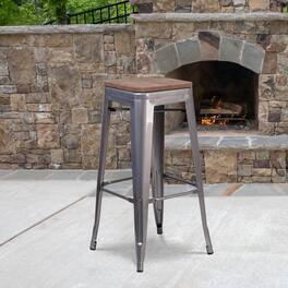 Emma + Oliver - 30" High Backless Metal Barstool with Square Wood Seat - Clear Coated