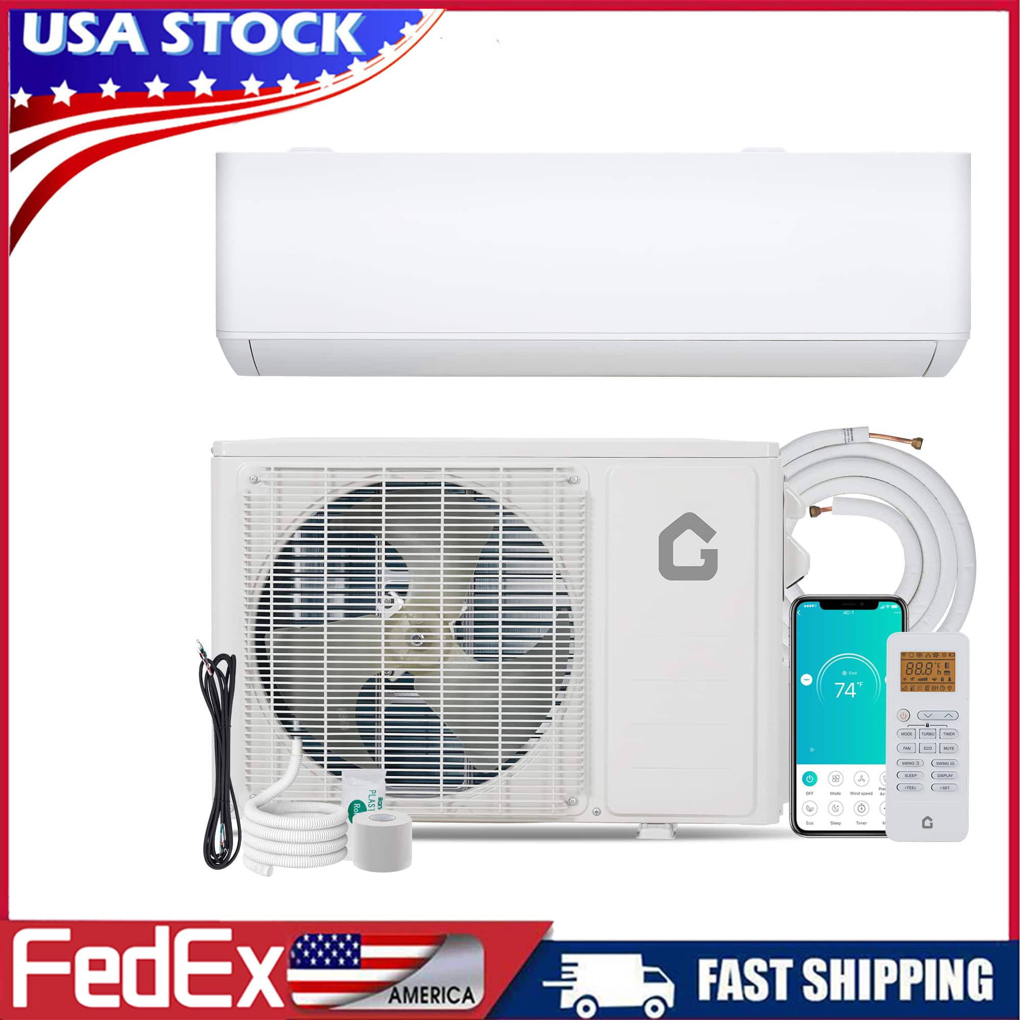 GARVEE - 9,000 BTU Mini Split Air Conditioner Heat Pump System, 24 SEER2 High-Efficiency Ductless AC with WiFi & Alexa, 115V - White
