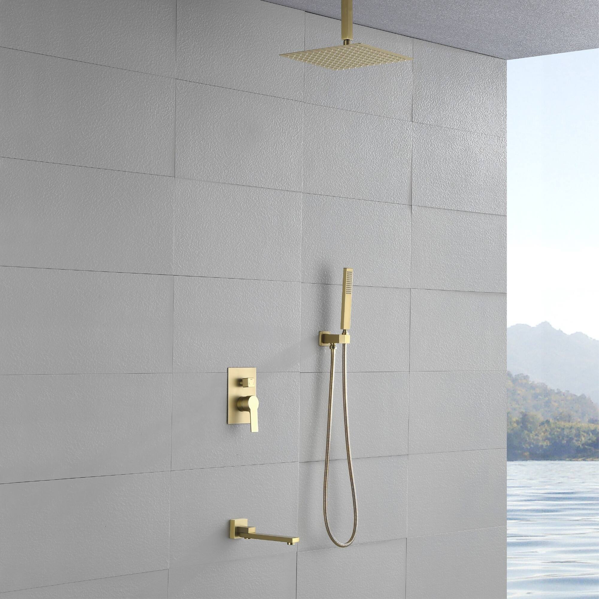 Alt View 1. Boyel Living - Brushed Gold 10-Inch Rain Shower System Brass SUS304 3-Function Valve Handheld 180° Spout cUPC - Brushed Gold.