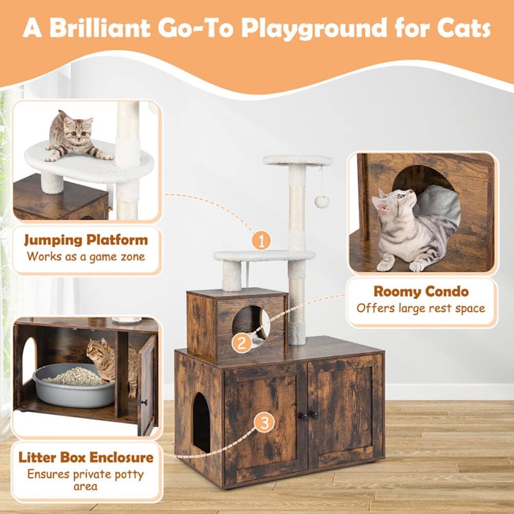 A Brilliant Go-To Playground for Cats

1. Jumping Platform
   - Works as a game zone

2. Roomy Condo
   - Offers large rest space

3. Litter Box Enclosure
   - Ensures private potty area