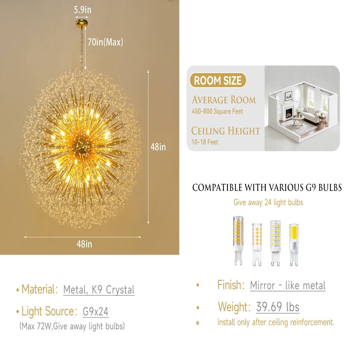 Loheer 48 Inch Crystal Chandelier Gold Modern Firework Sputnik Light ...