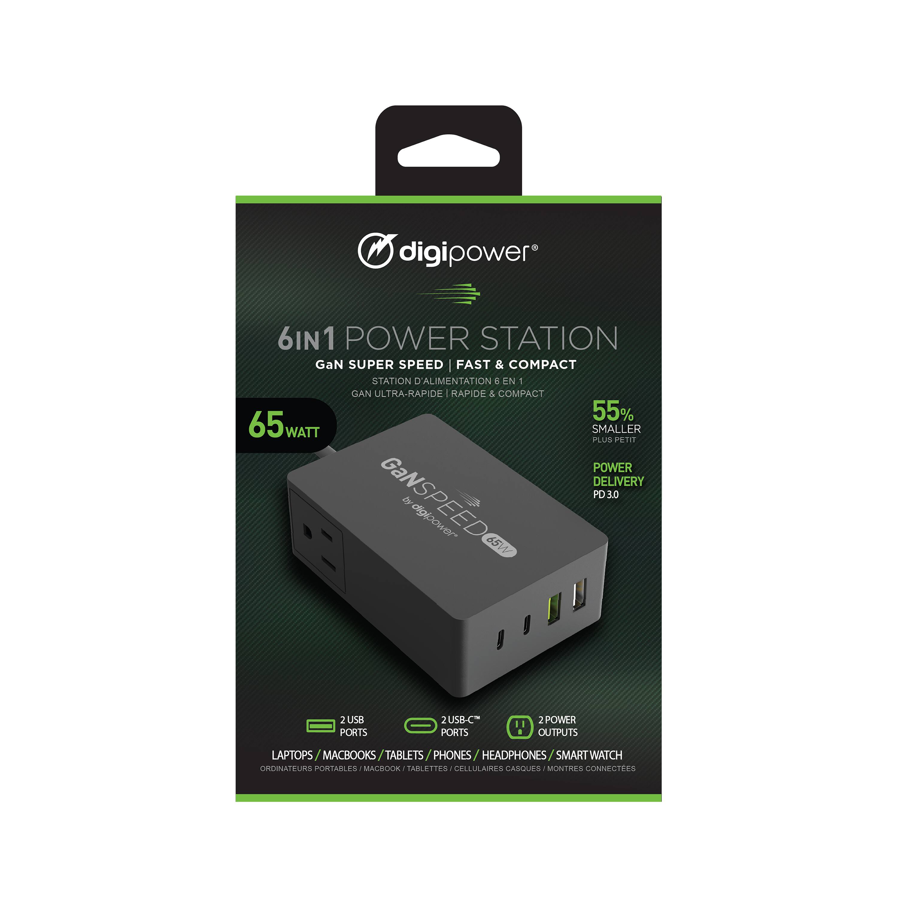 digipower 6IN1 POWER STATION GaN SUPER SPEED | FAST & COMPACT STATION D'ALIMENTATION EN : GAN ULTTA-RATOR HAIDS 5 COMPACT 55% 65 WATT SMALLER PLUS PETIT POWER DELIVERY GaNSPEED PD3 3.0 by digipowar 65W 2USB PORTS 2USB-C PORTS 2POWER OUTPUTS LAPTOPS / MACBOOKS TABLETS PHONES HEADPHONES SMART WATCH CAONNETURS PORTANLES MACROOK TABLETTES CALULARES CASCUES MONTRES CONNECTEES
