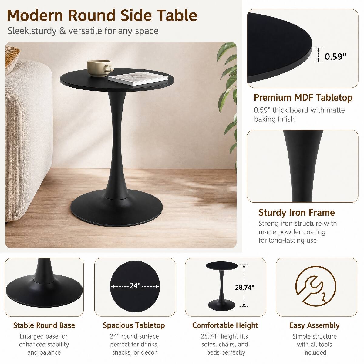 Loheer 24 inch Round Dining Table with MDF Top and Tulip Base Black ...
