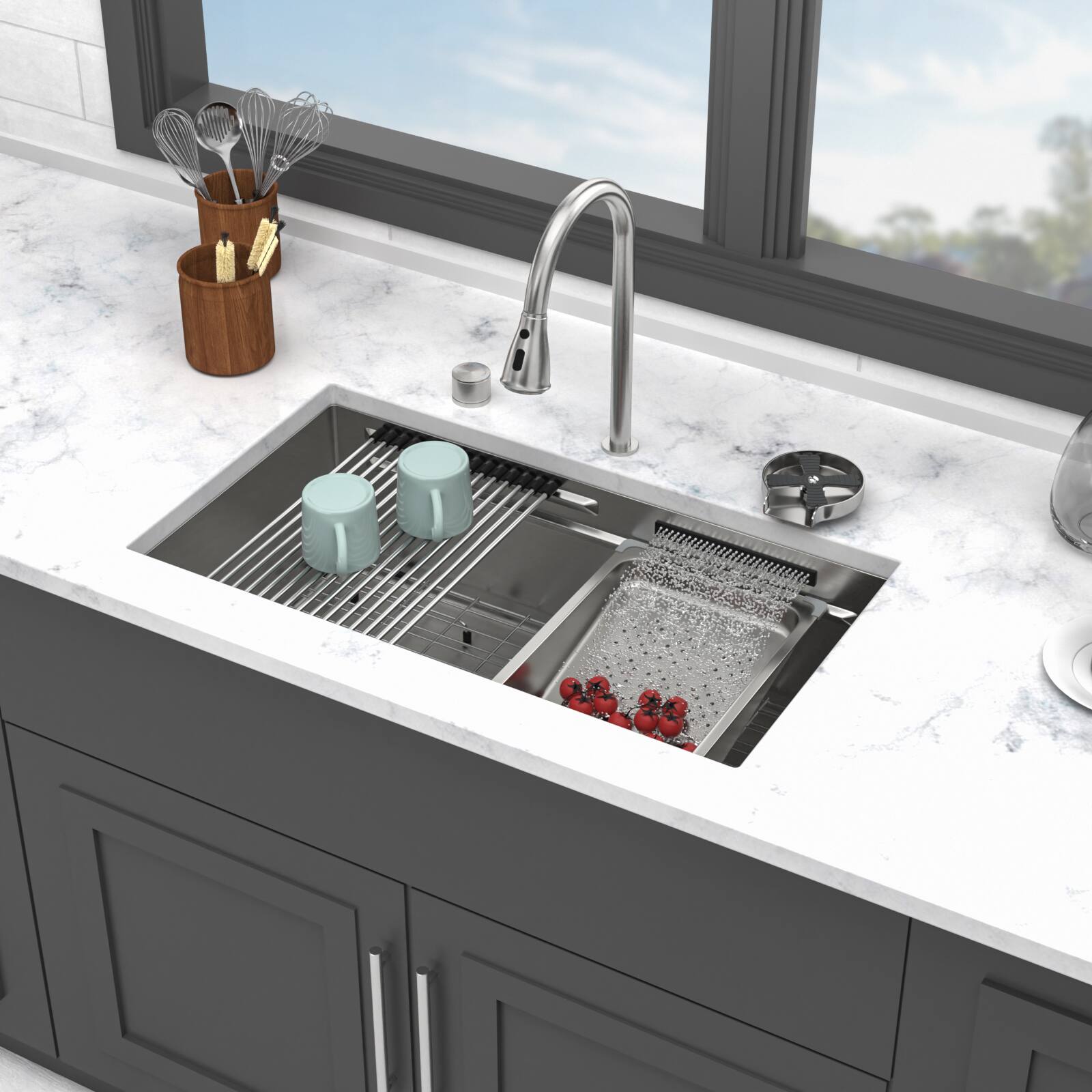 APRILSOUL - 33 x 16.72 x 10 inch Single Bowl 16 Gauge Stainless Steel Ledge Workstation Sinks with Pull-Down Faucet and Cup Washer - Brushed Nickel