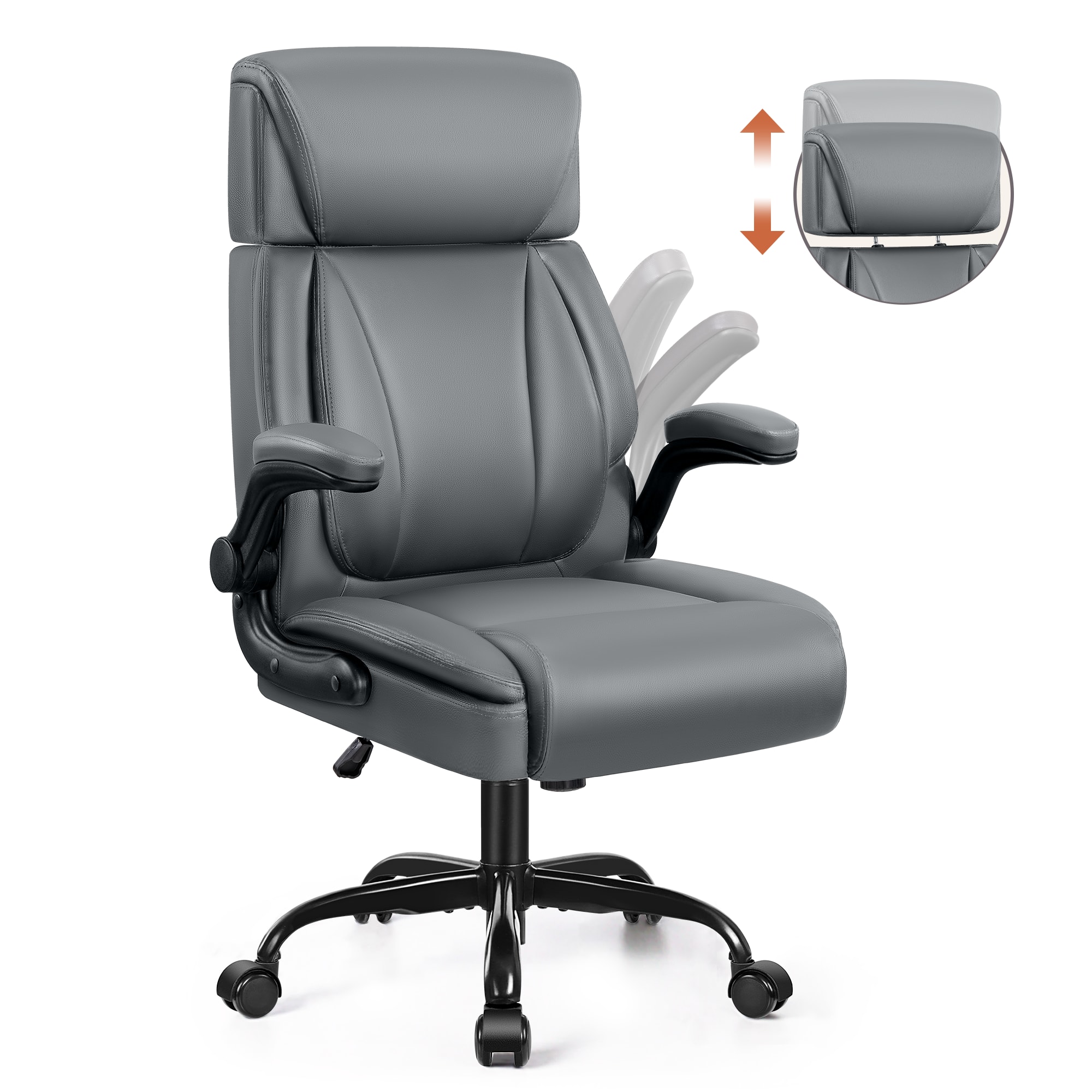 Brick Attic - Big and Tall Executive Office Chair with Adjustable Headrest,Ergonomic Computer Leather Chair with Flip-Up Armrests - Gray