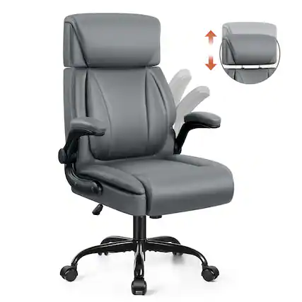 Front. Brick Attic - Big and Tall Executive Office Chair with Adjustable Headrest,Ergonomic Computer Leather Chair with Flip-Up Armrests - Grey.