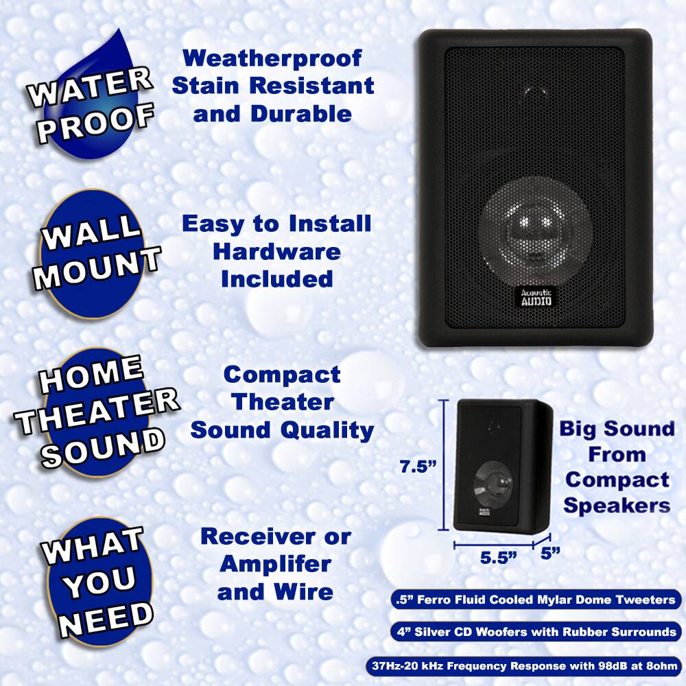 - **WATER PROOF**
  - Weatherproof
  - Stain Resistant
  - and Durable

- **WALL MOUNT**
  - Easy to Install
  - Hardware Included

- **HOME THEATER SOUND**
  - Compact Theater Sound Quality

- **WHAT YOU NEED**
  - Receiver or Amplifier and Wire

- **Big Sound From Compact Speakers**
  - 7.5"
  - 5.5"
  - 5"
  - .5" Ferro Fluid Cooled Mylar Dome Tweeters
  - 4" Silver CD Woofers with Rubber Surrounds
  - 37Hz-20 kHz Frequency Response with 98dB at 8ohm