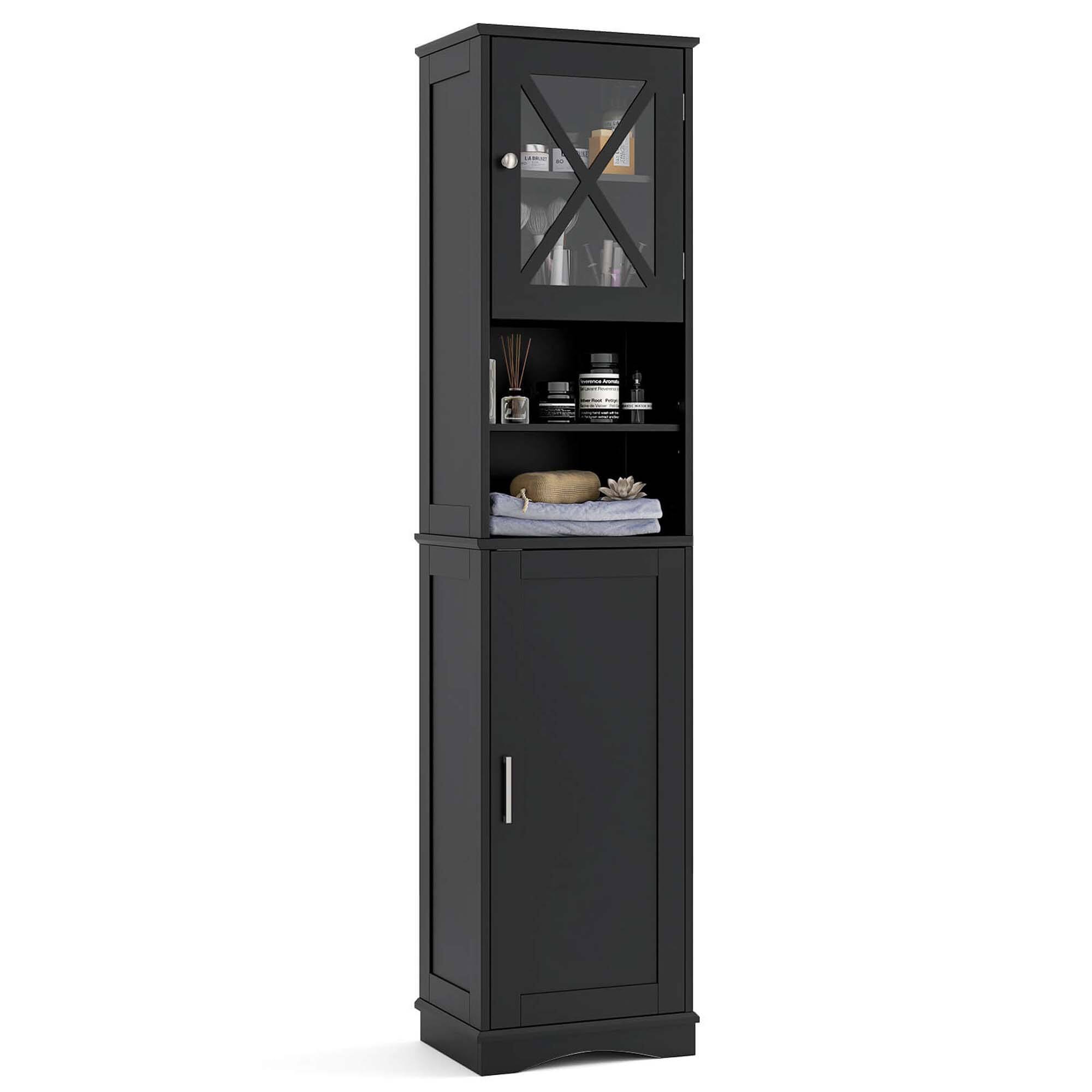 Angle. Costway - Costway 67" Tall Bathroom Cabinet Freestanding Storage Cabinet with 5 Adjustable Shelves Black - Black.