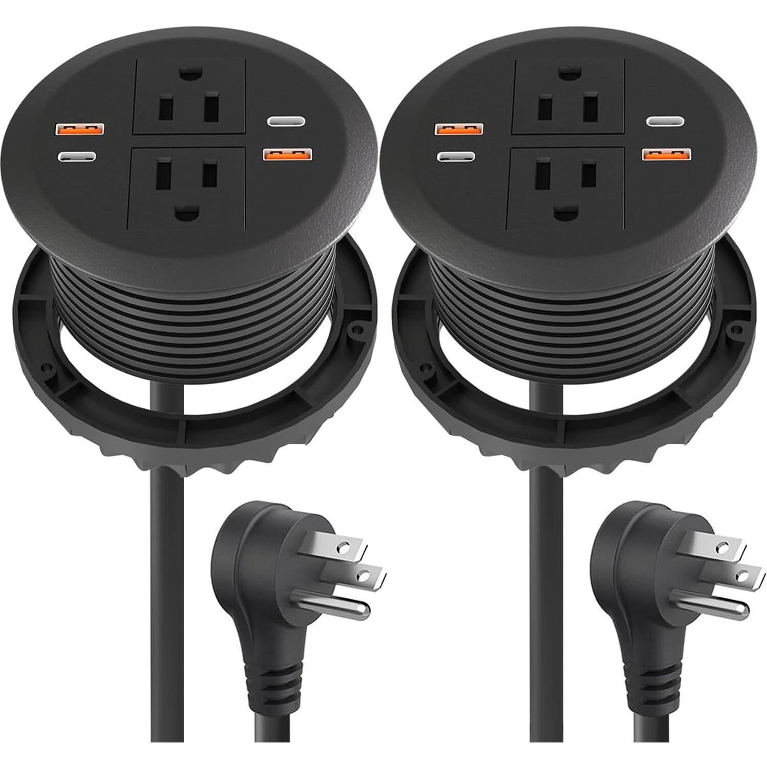 PARKER SLATER - 2pcs Desktop Power Grommet with Dual PD 20W USB-C, 4 USB Ports, 40W Total, 3-1/8" Flush Mount, 6.4FT – - Black