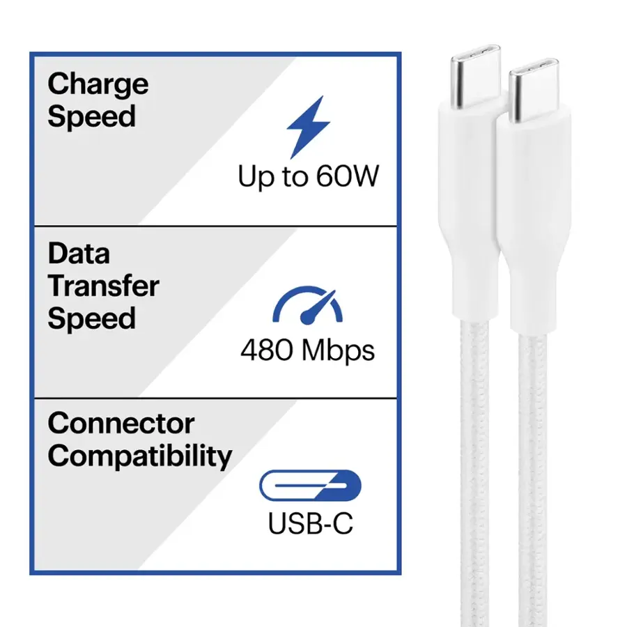 The image features a white USB-C cable with a lightning bolt symbol on it. The cable is accompanied by a USB-C connector, which is compatible with USB-C devices. The cable is designed for fast data transfer and charging, with a maximum charge speed of 60W. The data transfer speed is 480 Mbps, making it suitable for transferring large files or streaming content. The cable is also advertised as having a charge speed of up to 60W, which is ideal for quickly charging USB-C devices.