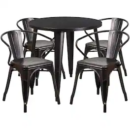 Flash Furniture - Cory Commercial Grade 30" Round Black-Antique Metal Indoor-Outdoor Table Set with 4 Arm Chairs - Gold