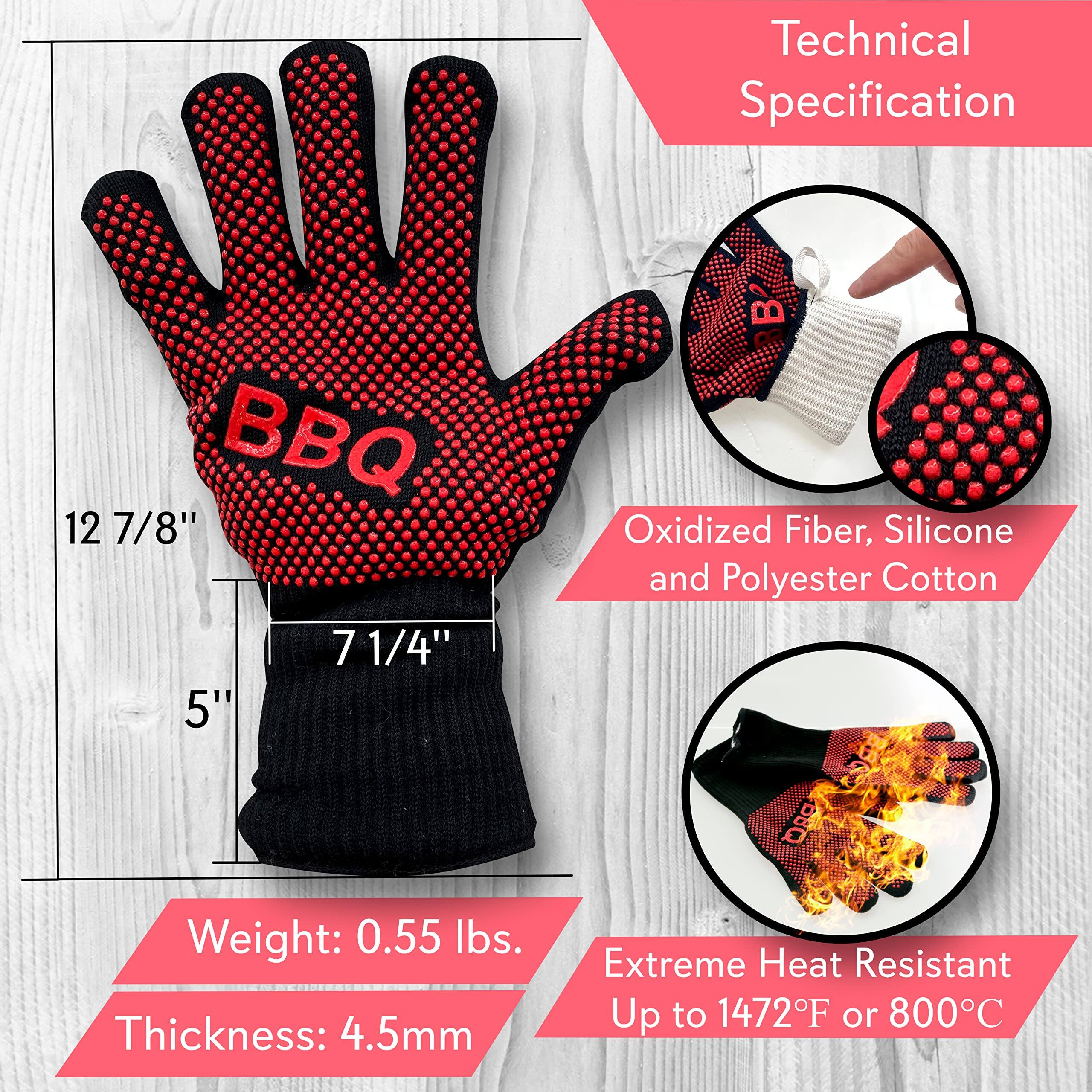 Technical Specification

- BBQ
- 12 7/8" 
- 7 1/4" 
- 5" 
- Weight: 0.55 lbs. 
- Thickness: 4.5mm 
- Oxidized Fiber, Silicone and Polyester Cotton 
- Extreme Heat Resistant Up to 1472°F or 800°C