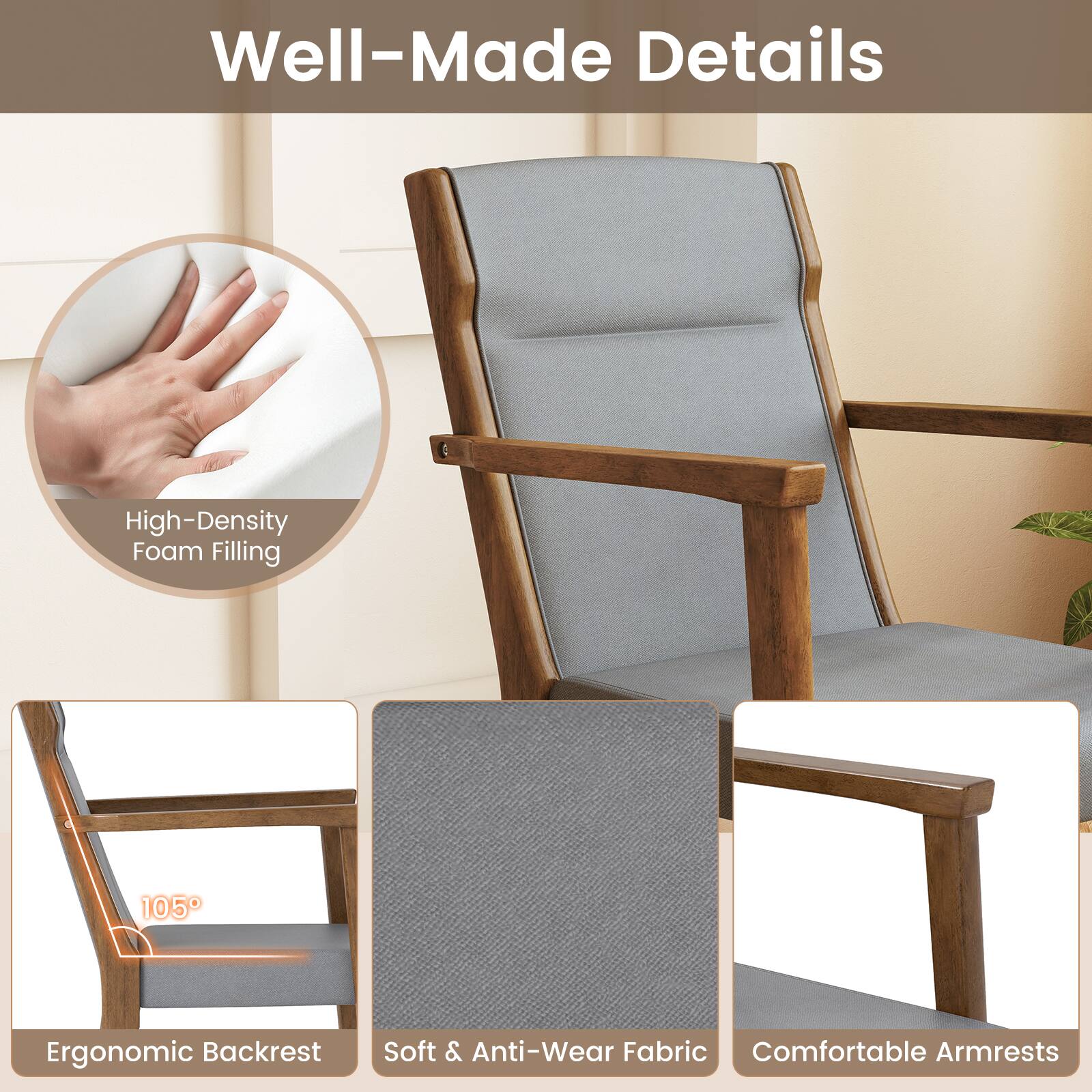 Well-Made Details

High-Density Foam Filling

105° Ergonomic Backrest

Soft & Anti-Wear Fabric

Comfortable Armrests