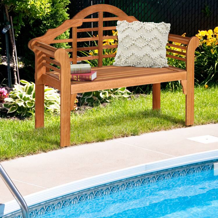 Angle. Mondawe - 49in Freestanding Folding Eucalyptus Wood Bench w/ Backrest & Armrest, Outdoor Garden Bench for Patio - Brown.