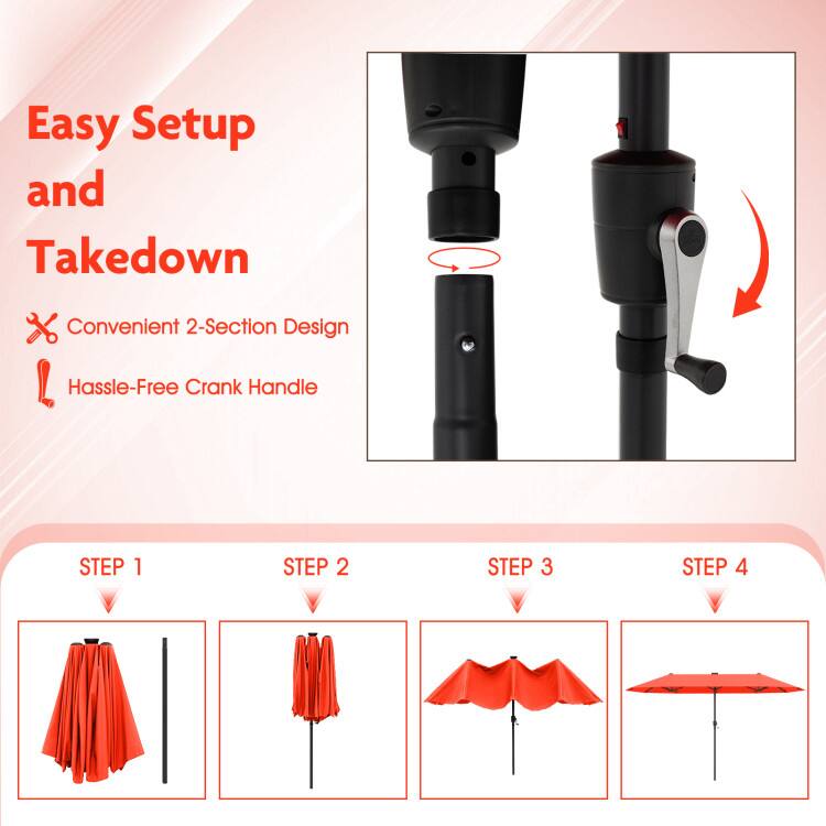 Easy Setup and Takedown  
Convenient 2-Section Design  
Hassle-Free Crank Handle  

STEP 1  
STEP 2  
STEP 3  
STEP 4