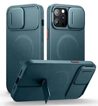 Front. SURITCH - Case for iPhone 13 Pro Max/12 Pro Max with Camera Cover, Compatible with MagSafe, Shockproof Bumper Slim Cover - Lake Green.