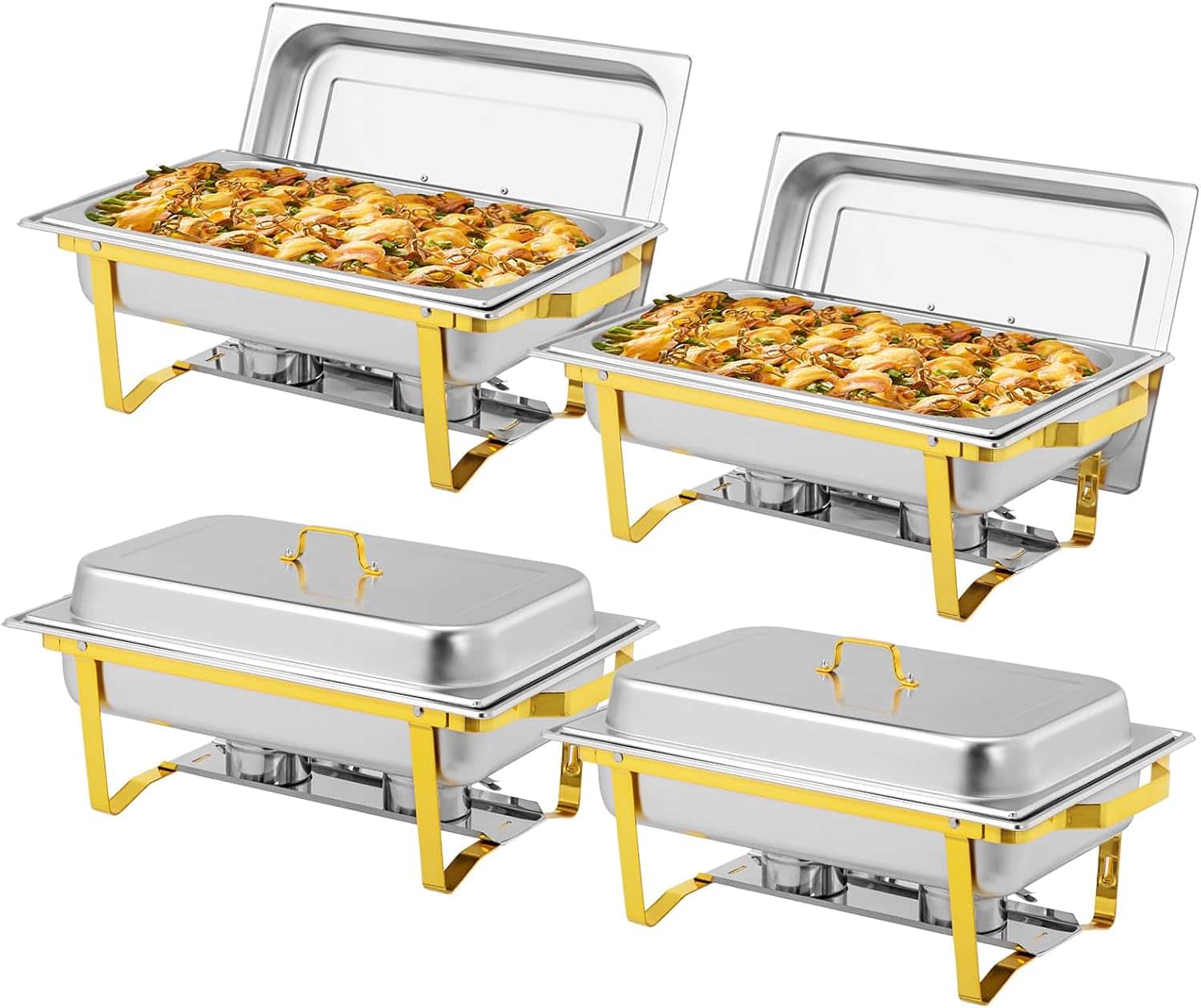 Winado - 4 Pack 9QT Chafing Dishes for Buffet, High Grade Chafing Dish Buffet Set with Food Pan, Water Pan, Fuel Holder for Party - Gold & Silver