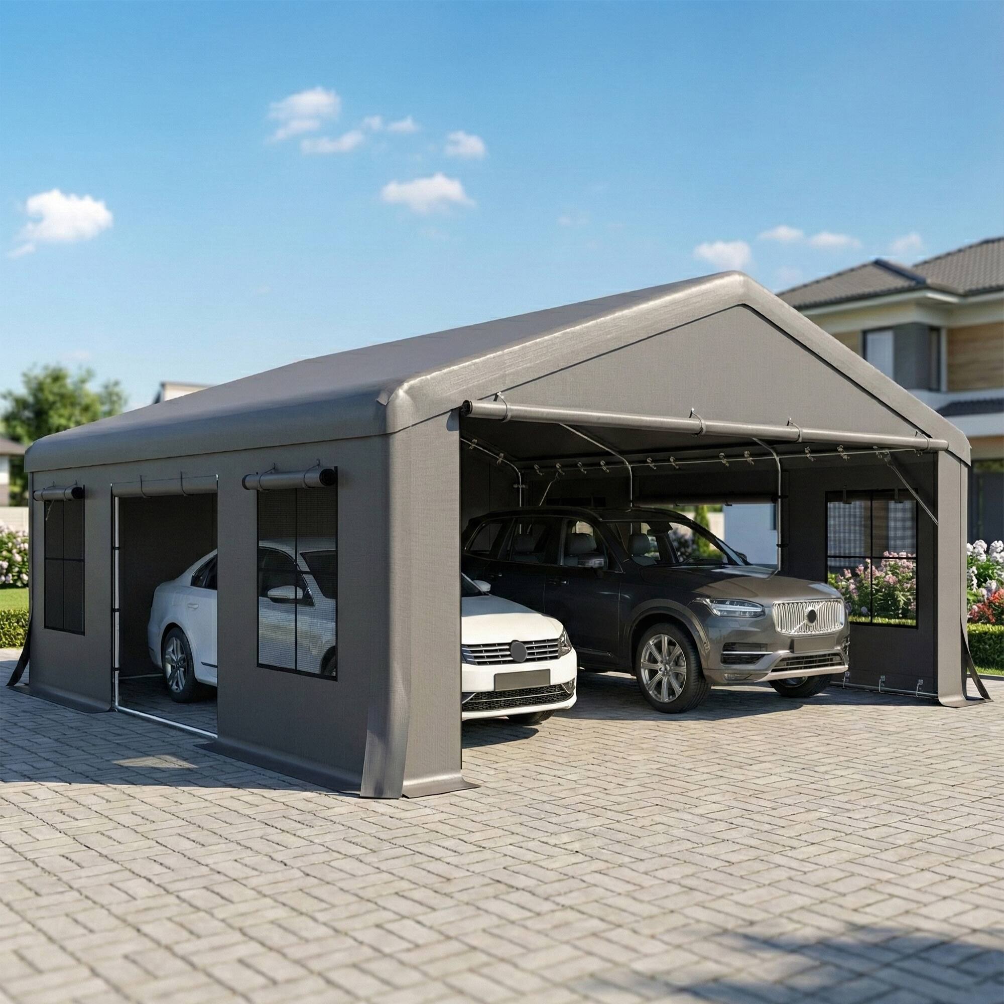 Alt View 1. Outsunny - 20' x 20' Heavy Duty Carport, Portable Garage Car Canopy Tent with Reinforced Galvanized Frame, 3 Roll-up Doors.