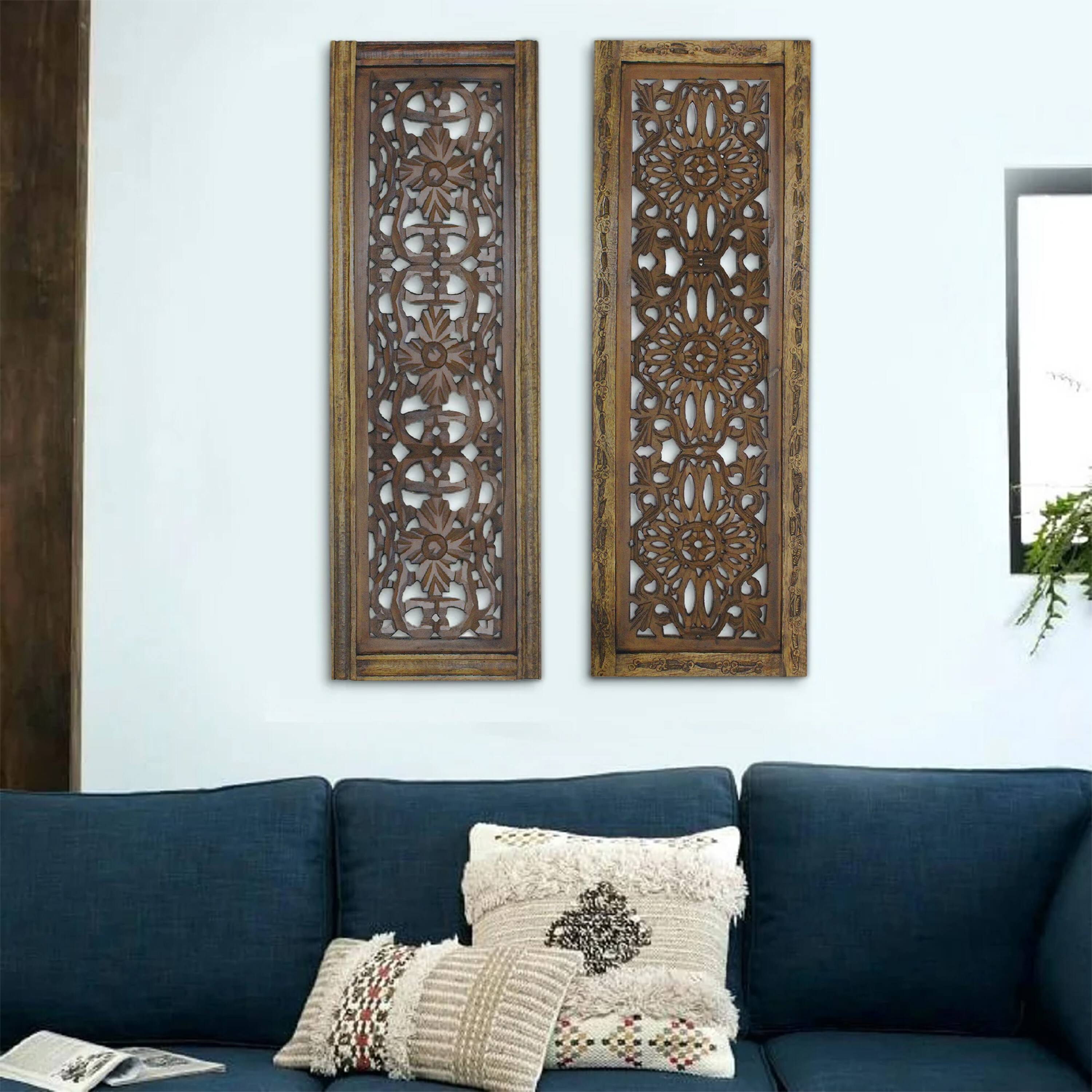 Alt View 6. Manhattan Lane - Benzara Floral Hand Carved Wooden Wall Panels, Assortment of Two - Brown.