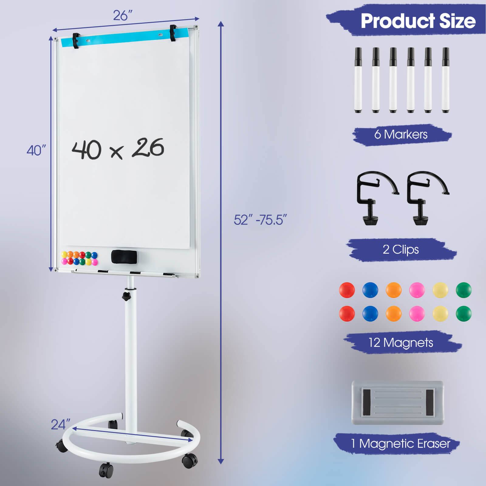 26" Product Size  
40" x 26"  
52" - 75.5"  
6 Markers  
2 Clips  
12 Magnets  
24"  
1 Magnetic Eraser