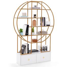 Gymax - 71'' Tall Metal Bookcase 6-Tier Gold Bookshelf w/ 2 Storage Drawers Home Office - White, Gold