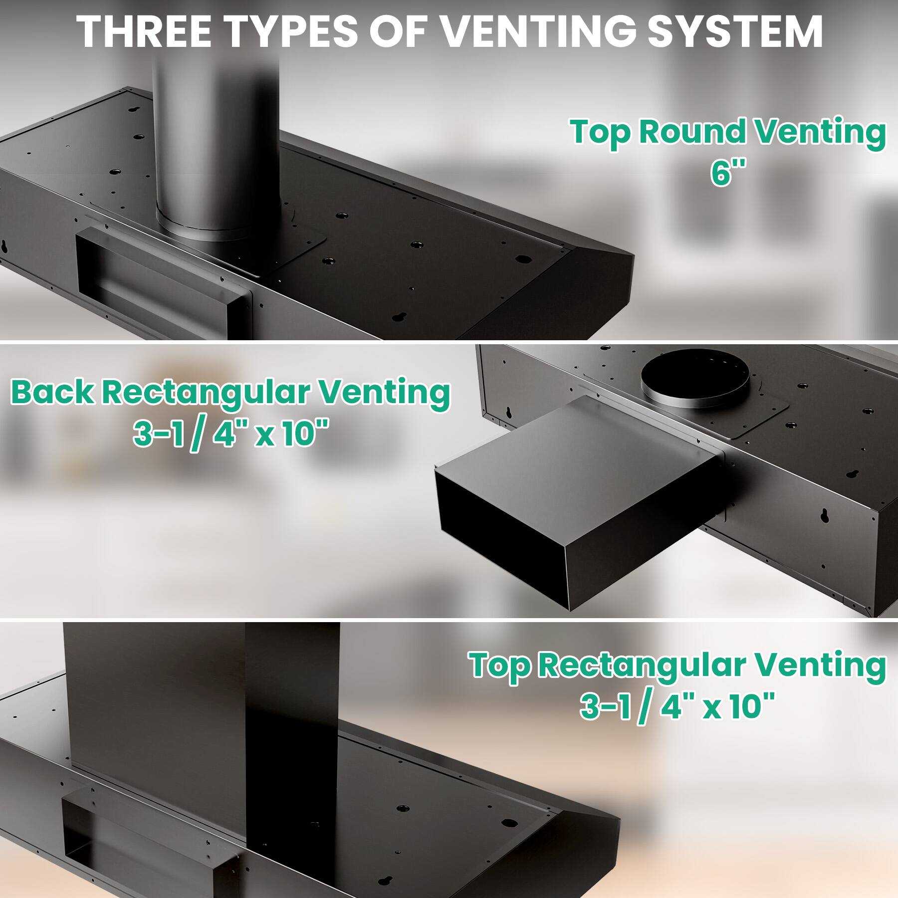 THREE TYPES OF VENTING SYSTEM

Top Round Venting  
6"

Back Rectangular Venting  
3-1/4" x 10"

Top Rectangular Venting  
3-1/4" x 10"