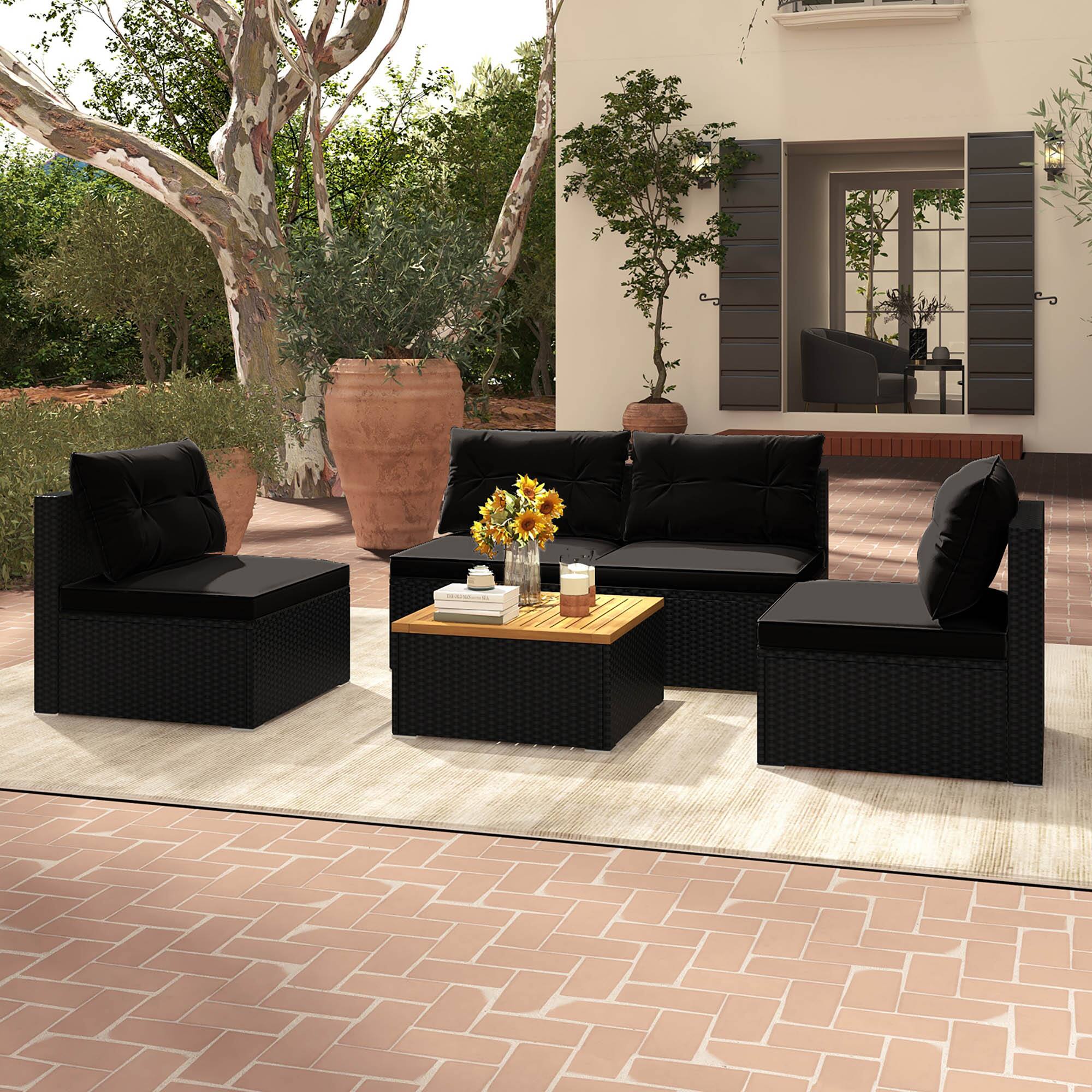 Alt View 8. Gymax - Gymax 5 Piece Outdoor Furniture Set w/ Seat & Back Cushions Acacia Wood Tabletop Black - Black.