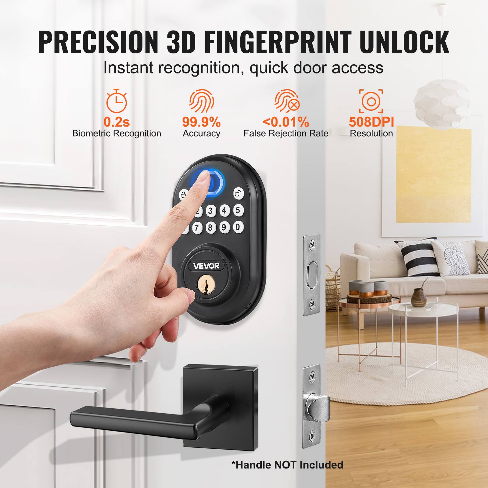 PRECISION 3D FINGERPRINT UNLOCK  
Instant recognition, quick door access  

- 0.2s Biometric Recognition  
- 99.9% Accuracy  
- <0.01% False Rejection Rate  
- 508DPI Resolution  

*Handle NOT Included
