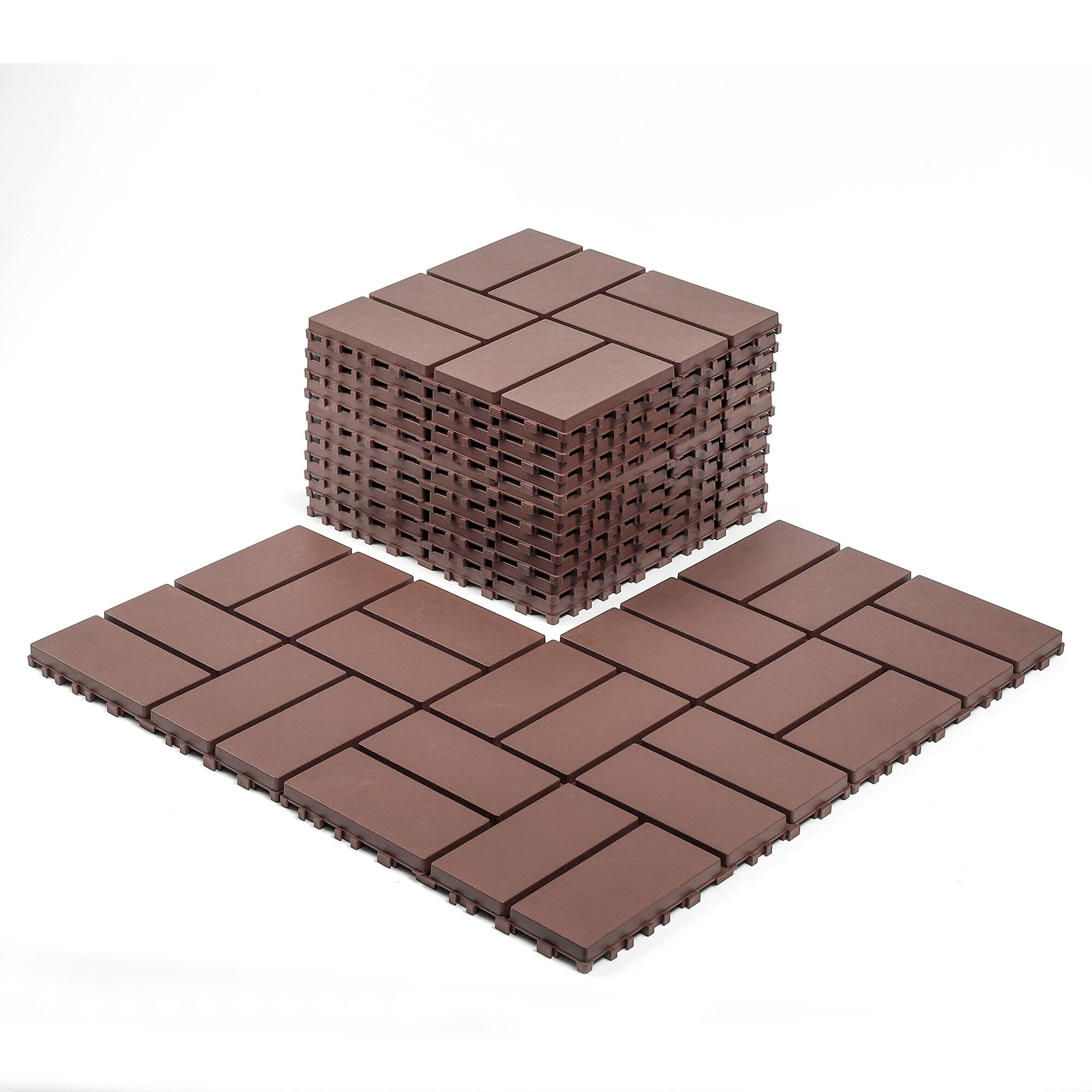 Back. Loheer - 44-Pack Interlocking 12x12 Inch Waterproof Decking Tiles for Patio Balcony Poolside - Brown.