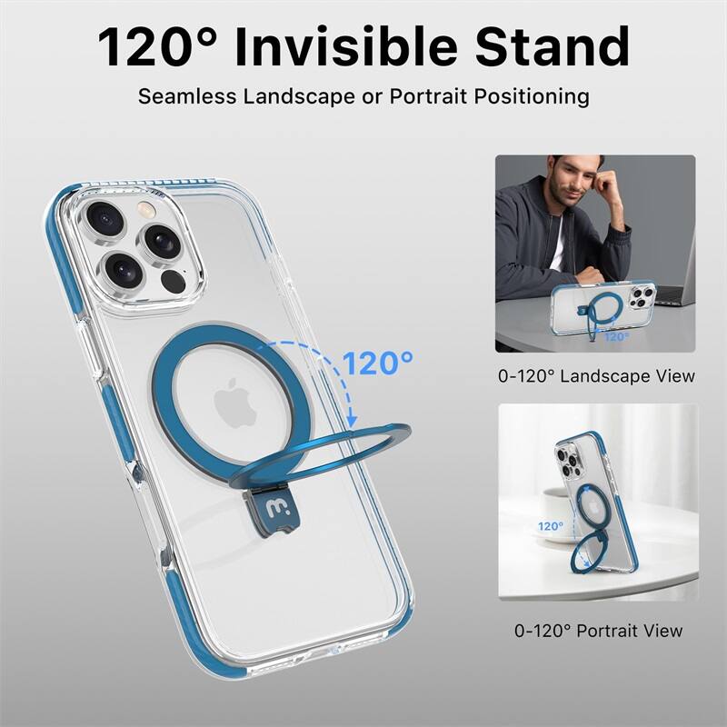120° Invisible Stand, Seamless Landscape or Portrait Positioning, 0-120° Landscape View, 0-120° Portrait View
