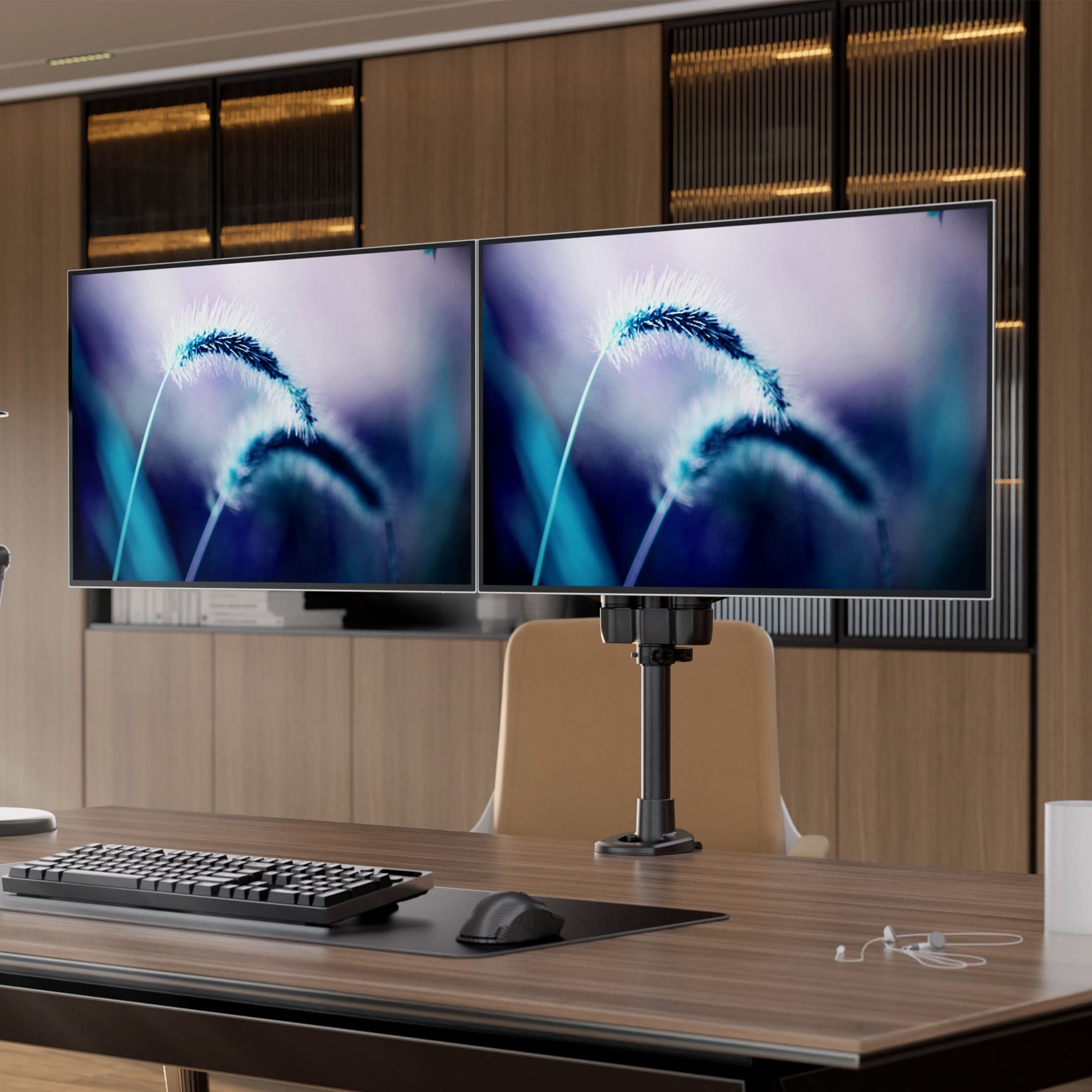 Angle. Mount-It! - CLiX Series Dual Wide Adjustable Monitor Desk Mount – Full Motion Dual Arm for Two 13"-32" Screens, Black - Black.