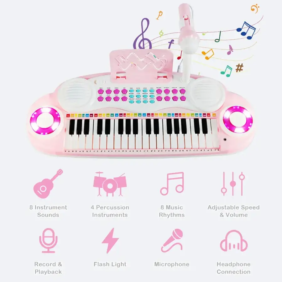 Pink toy keyboard with 8 instrument sounds, 4 percussion instruments, 8 music rhythms, adjustable speed & volume, record & playback, flash light, microphone, and headphone connection.