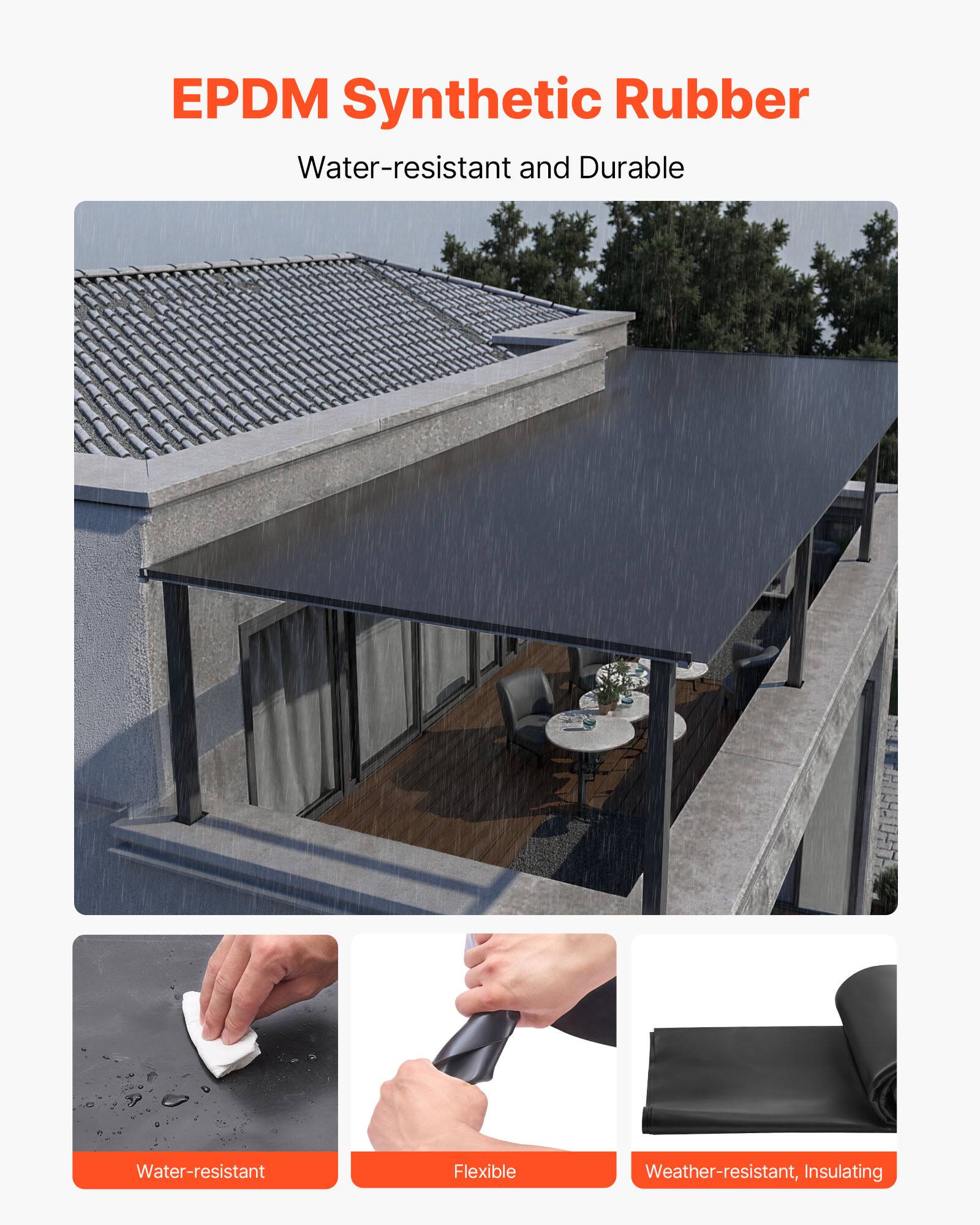 EPDM Synthetic Rubber  
Water-resistant and Durable  

Water-resistant  
Flexible  
Weather-resistant, Insulating