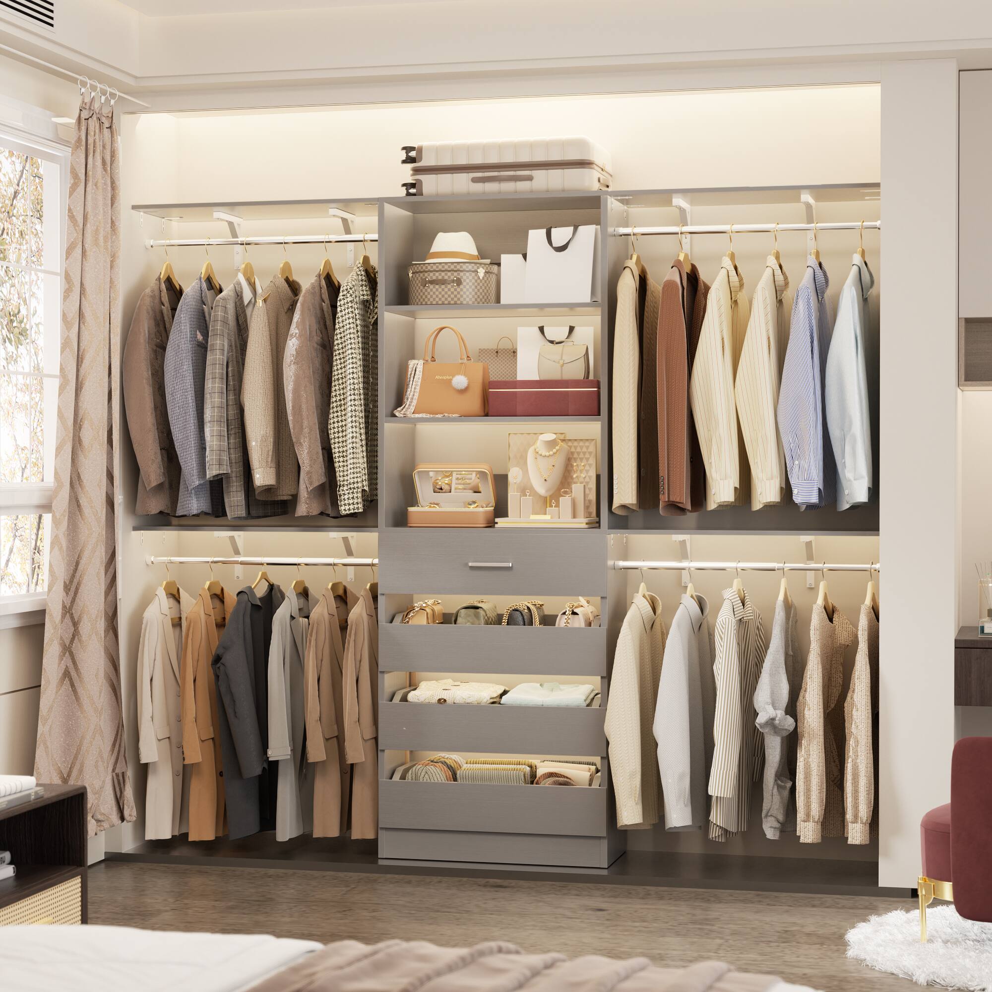 Angle. Aheaplus - Heavy-Duty 8FT Closet Organizer with 4 Drawers - Customizable Storage for Spaces 4-9 ft - Gray.