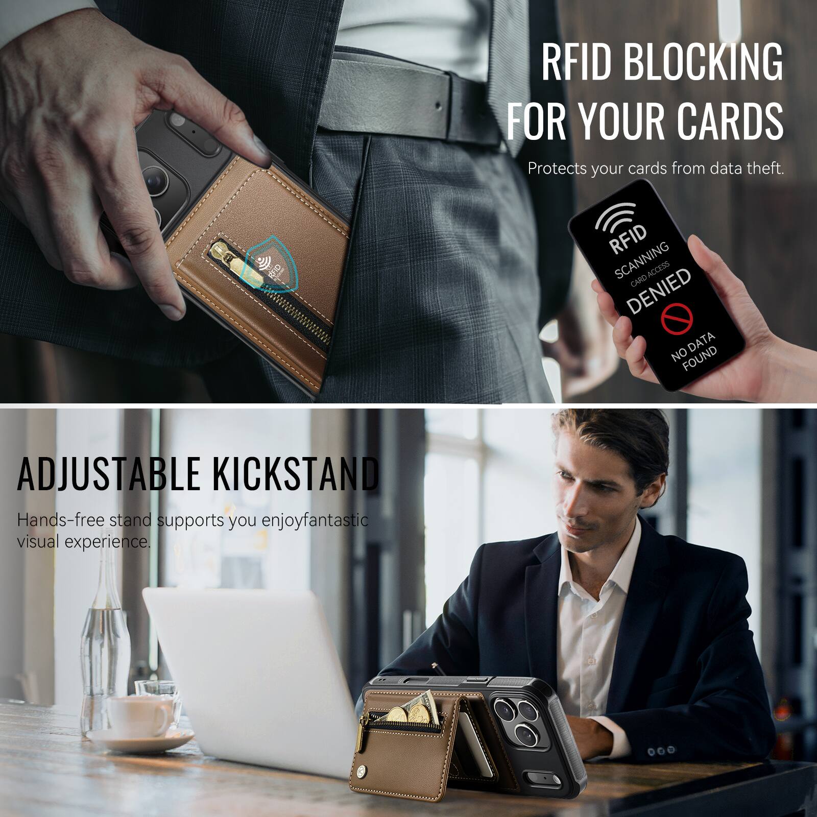 RFID BLOCKING FOR YOUR CARDS  
Protects your cards from data theft.

RFID SCANNING  
CARD ACCESS DENIED  
NO DATA FOUND

ADJUSTABLE KICKSTAND  
Hands-free stand supports you enjoy fantastic visual experience.