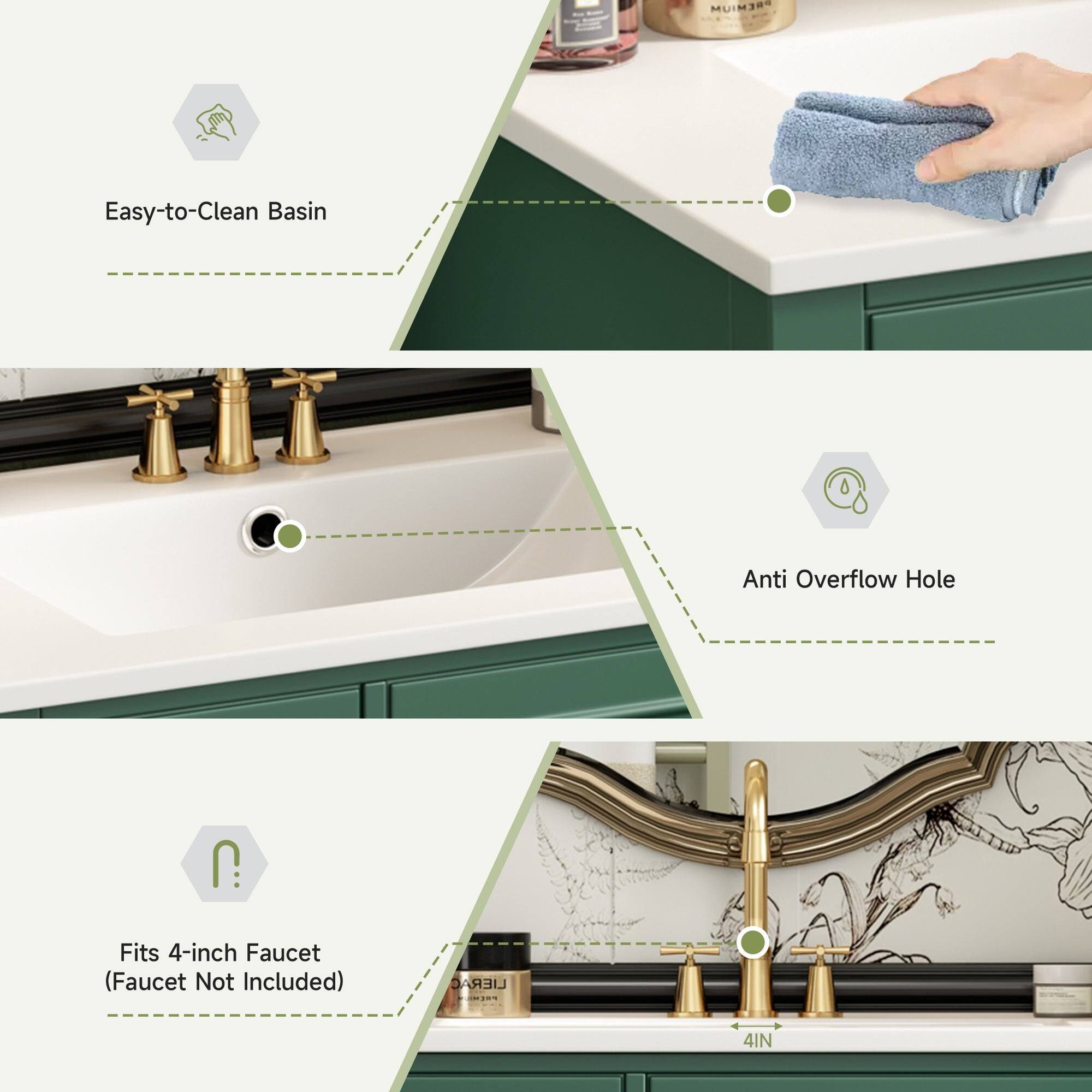 PREMIUM Easy-to-Clean Basin Anti Overflow Hole  
Fits 4-inch Faucet (Faucet Not Included)  
LIERAC FI 4IN