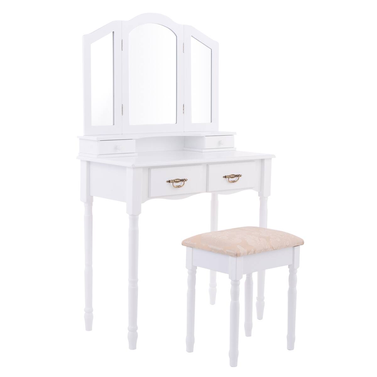 Alt View 5. Gymax - Gymax Vanity Makeup Dressing Table Stool Set w/ Folding Mirror 4 Drawers White - White.